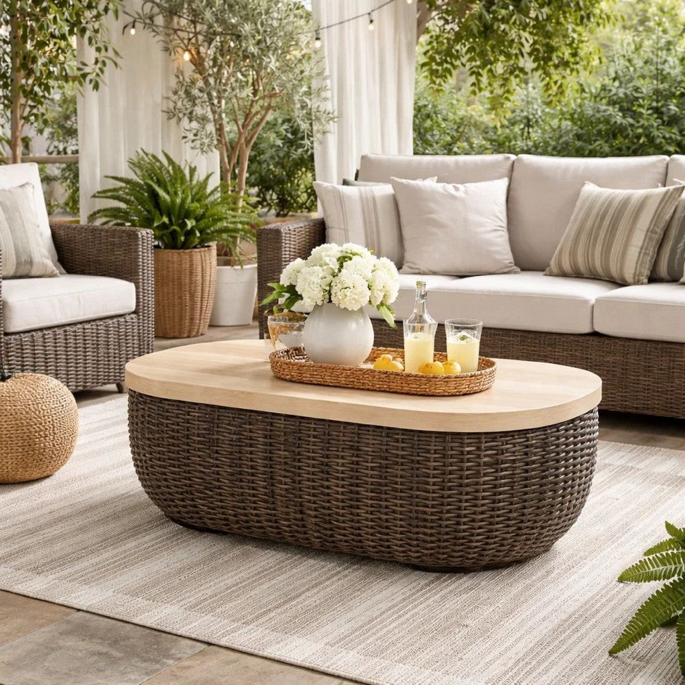 Benjara Kimo Outdoor Cocktail Coffee Table, Brown Wicker Details, 50 Inch