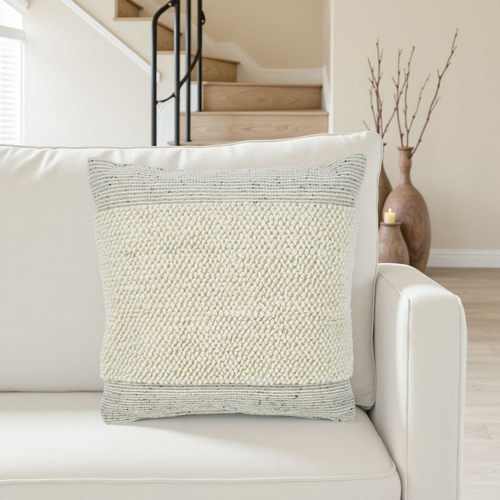Benjara Square Accent Throw Pillow, 20 Inch, White And Gray Stripes, Polyfill