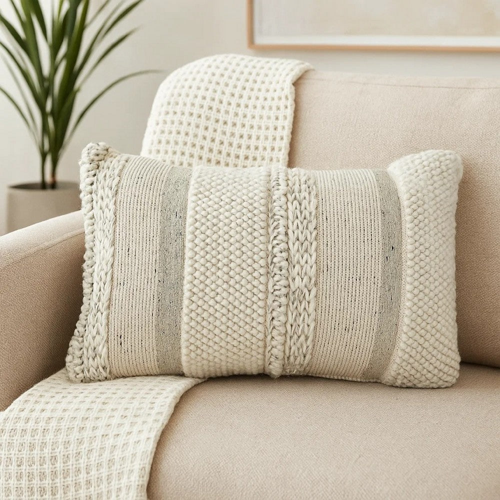 Benjara Lumbar Accent Throw Pillow, Gray White Embossed Stripes, 14 x 20