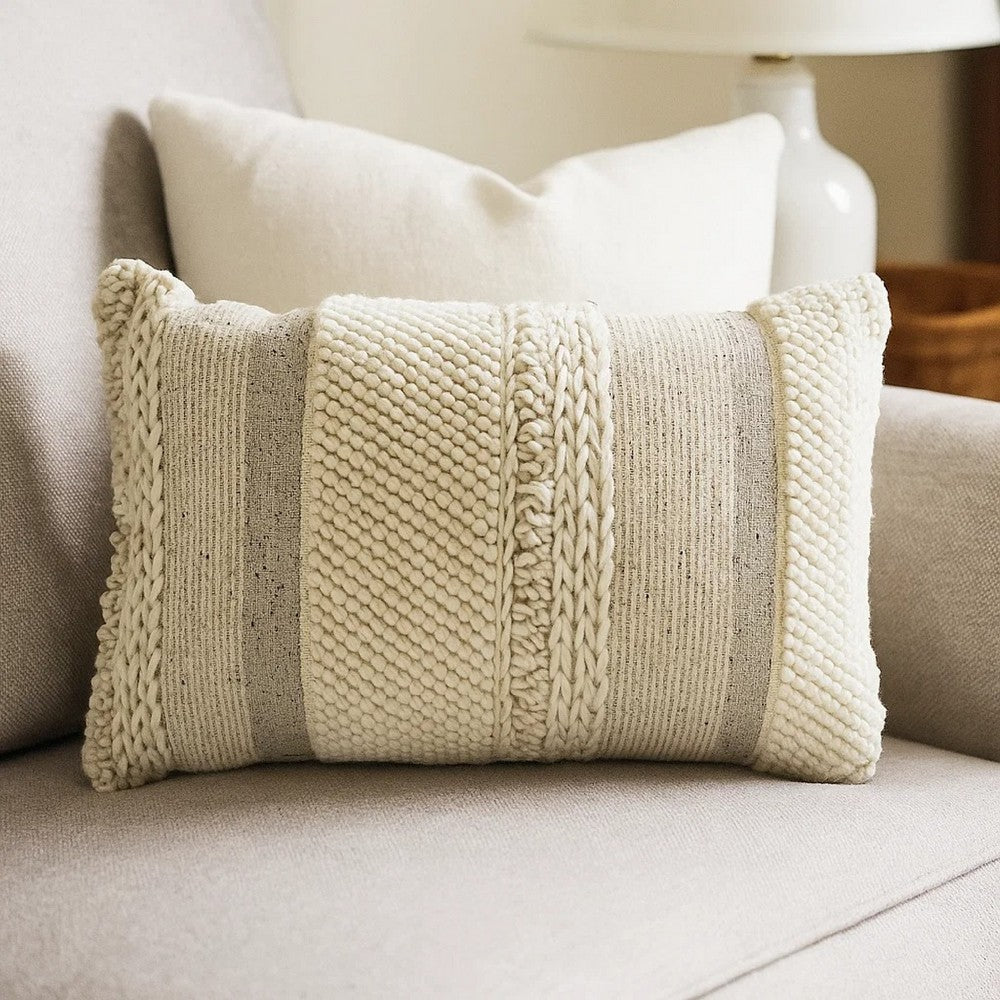 Benjara Lumbar Accent Throw Pillow, Gray White Embossed Stripes, 14 x 20