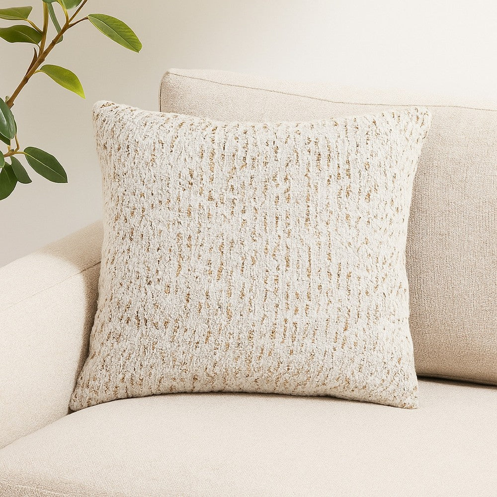 Benjara Lora Square Accent Throw Pillow, 20 Inch, Abstract Gold Stripes, Ivory