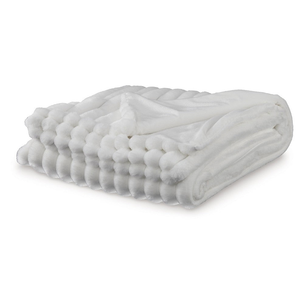 Benjara Visha Throw Blanket, Jacquard Faux Fur Stripes, Modern White Polyester