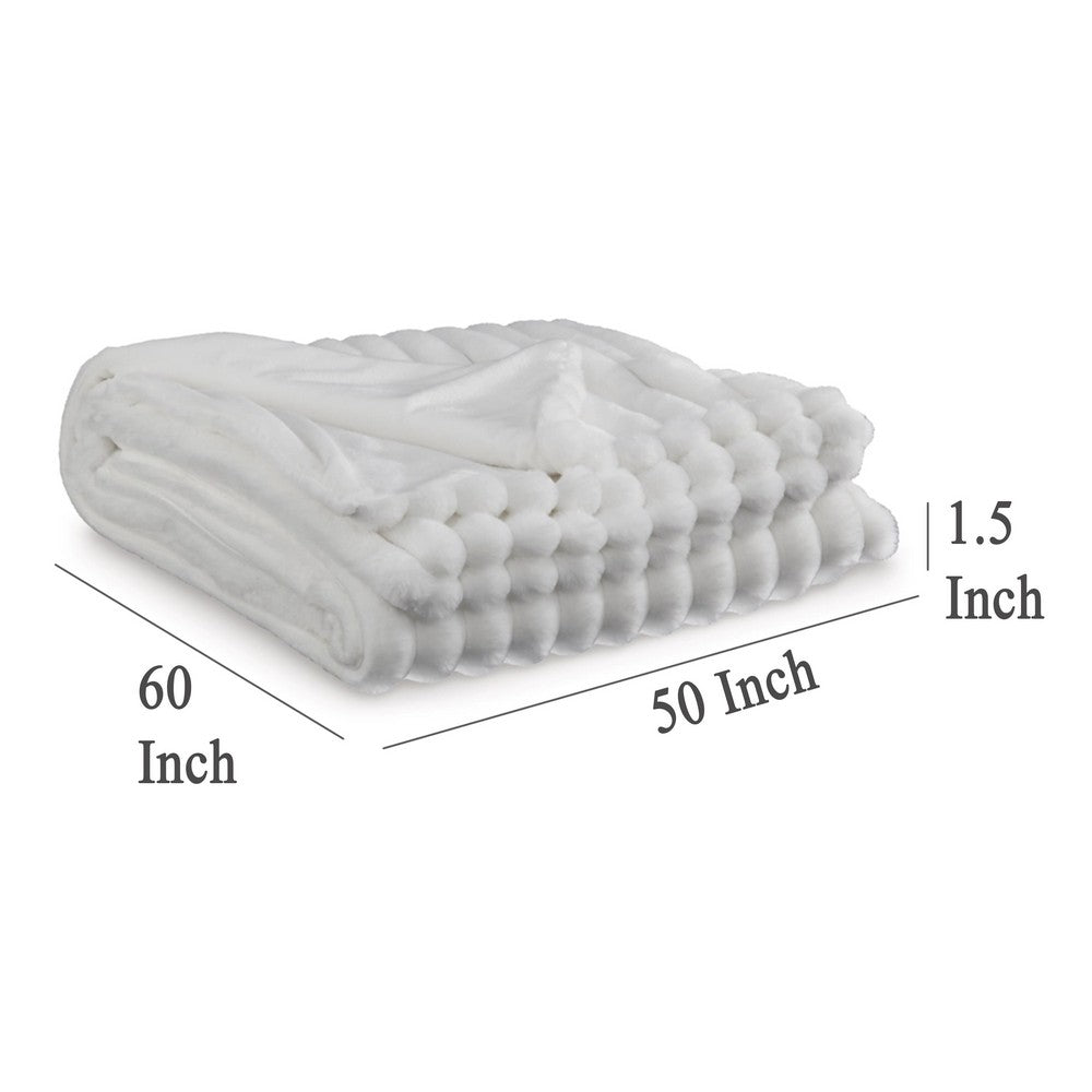 Benjara Visha Throw Blanket, Jacquard Faux Fur Stripes, Modern White Polyester