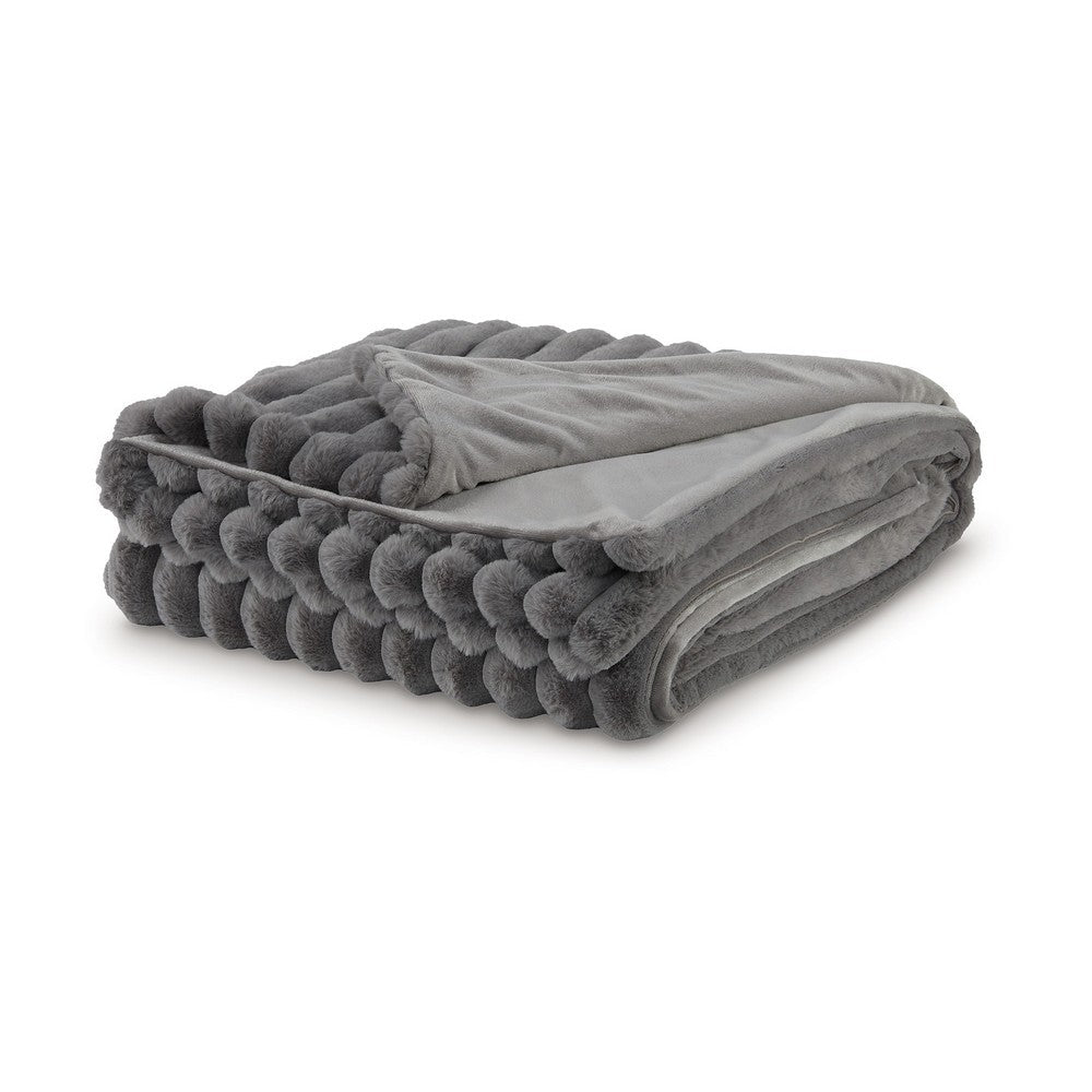 Benjara Visha Throw Blanket, Jacquard Faux Fur Stripes, Modern Gray Polyester