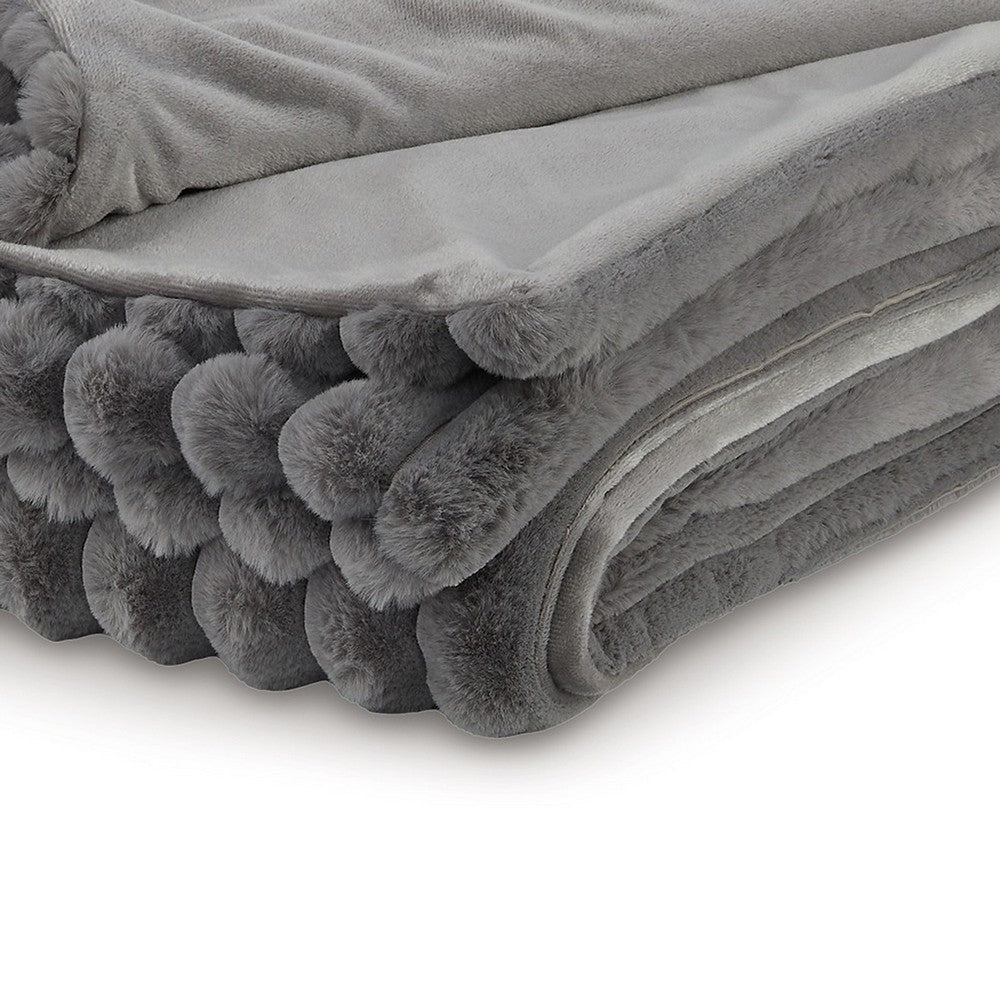 Benjara Visha Throw Blanket, Jacquard Faux Fur Stripes, Modern Gray Polyester