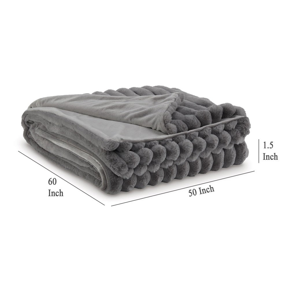 Benjara Visha Throw Blanket, Jacquard Faux Fur Stripes, Modern Gray Polyester