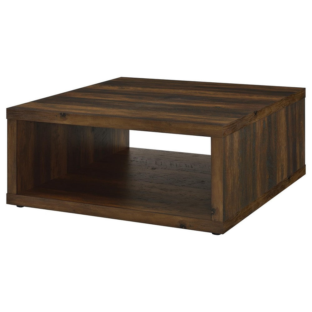 Benjara Rizz Coffee Table, Square Cube Design Open Shelf, 36 Inch Dark Brown
