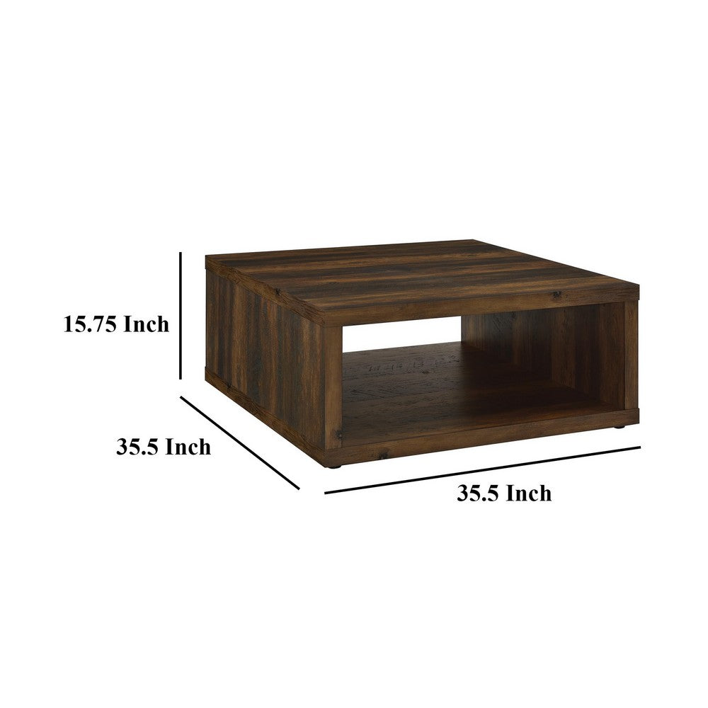 Benjara Rizz Coffee Table, Square Cube Design Open Shelf, 36 Inch Dark Brown