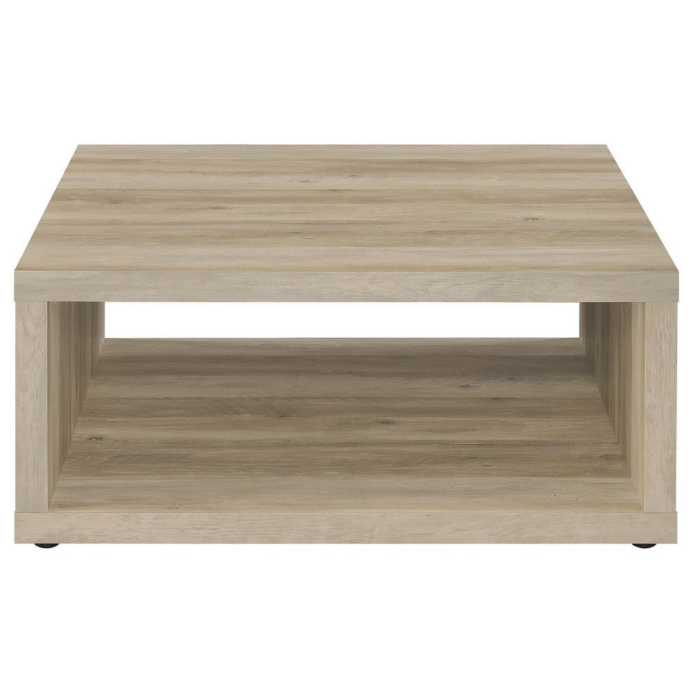 Benjara Rizz Coffee Table, Square Cube Design Open Shelf, 36 Inch Light Brown