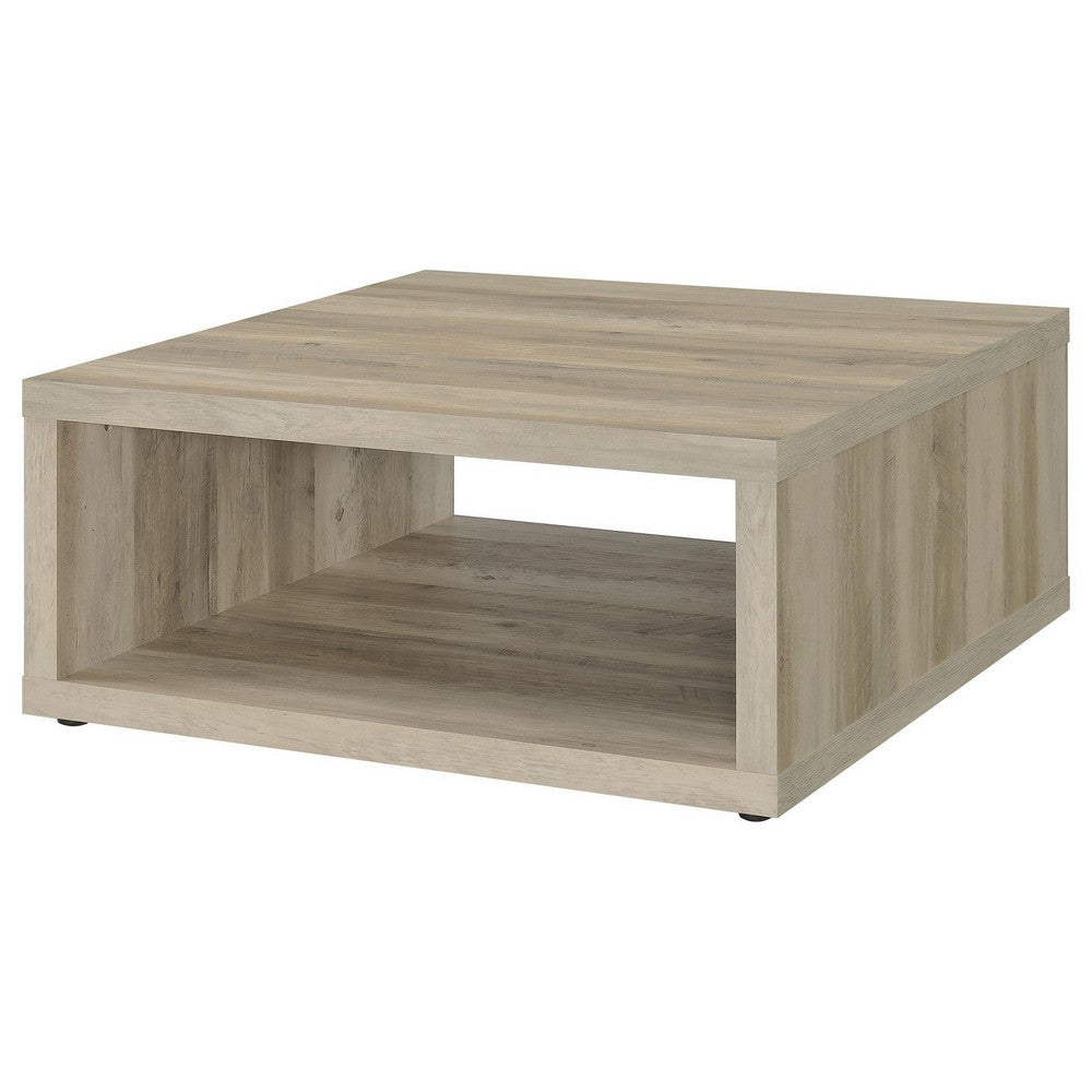 Benjara Rizz Coffee Table, Square Cube Design Open Shelf, 36 Inch Light Brown