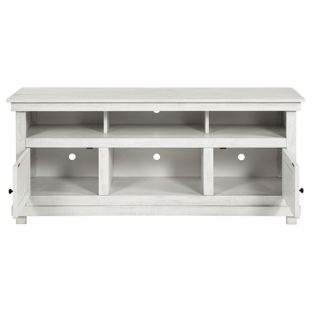 Benjara Ayne TV Stand Media Cabinet, 2 Doors And 4 Shelves, White Wood 60 Inch