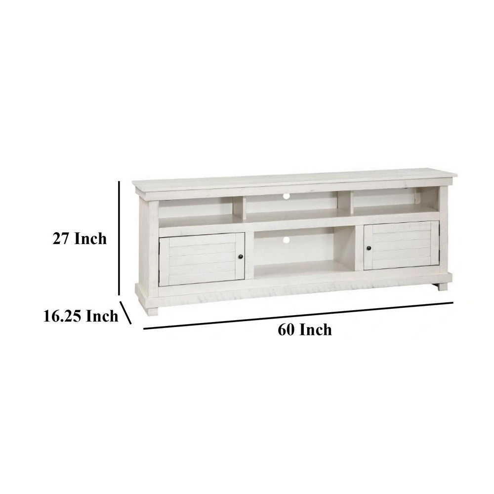 Benjara Ayne TV Stand Media Cabinet, 2 Doors And 4 Shelves, White Wood 60 Inch