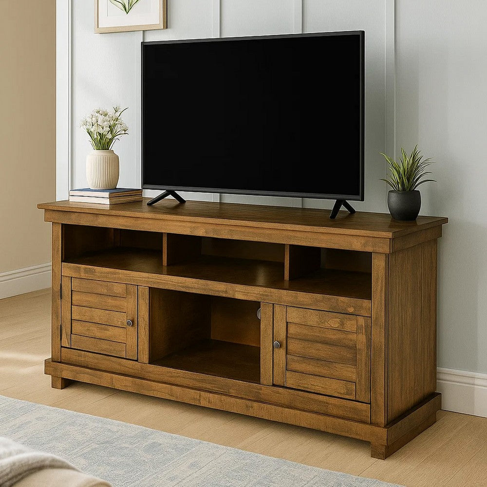 Benjara Ayne TV Stand Media Cabinet, 2 Doors And 4 Shelves, Brown Wood 60 Inch