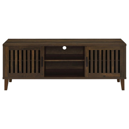 Benjara Sid TV Stand Media Cabinet, 2 Slatted Doors, Shelf, Brown Wood 60 Inch