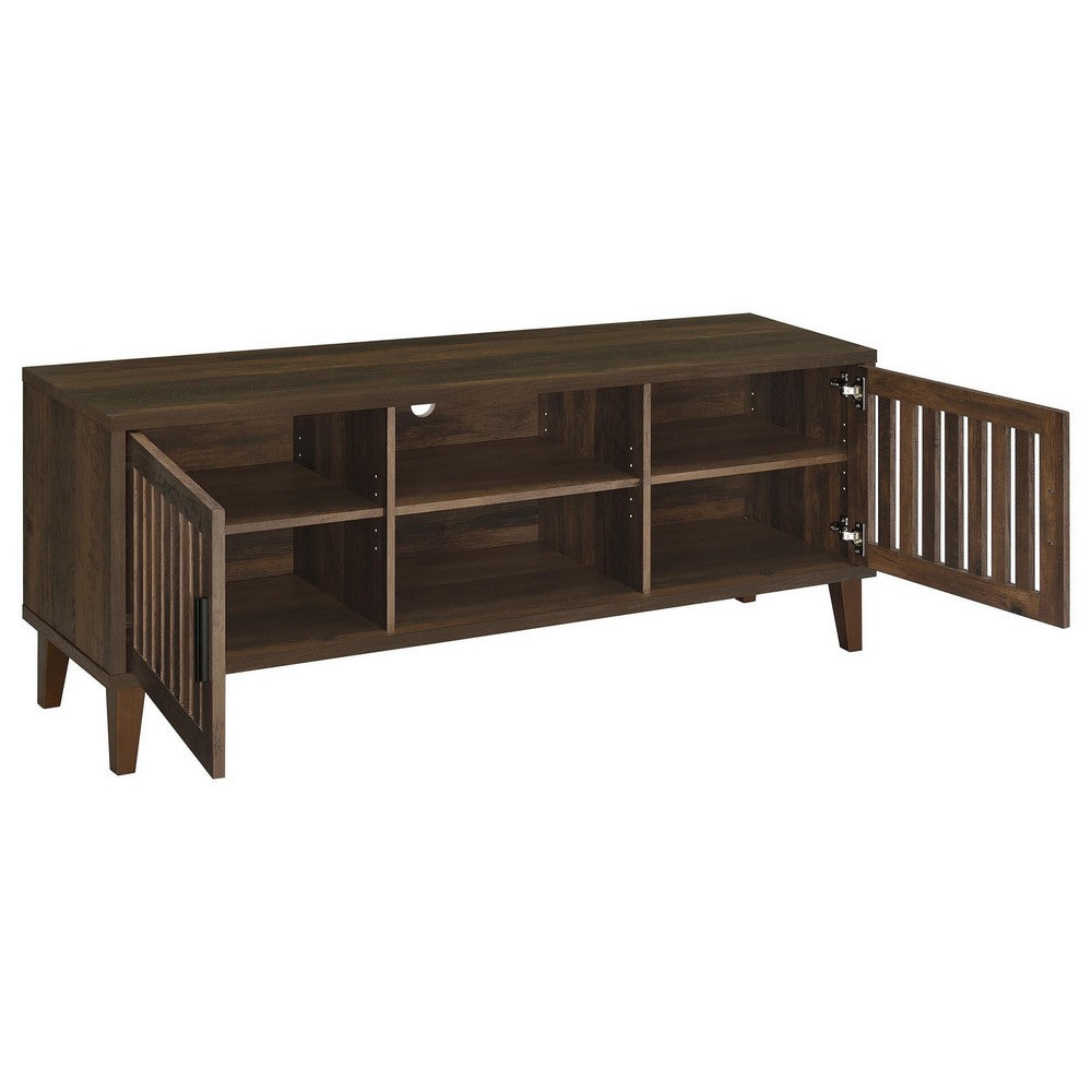 Benjara Sid TV Stand Media Cabinet, 2 Slatted Doors, Shelf, Brown Wood 60 Inch