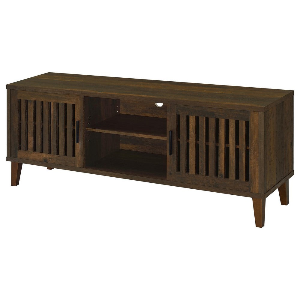 Benjara Sid TV Stand Media Cabinet, 2 Slatted Doors, Shelf, Brown Wood 60 Inch