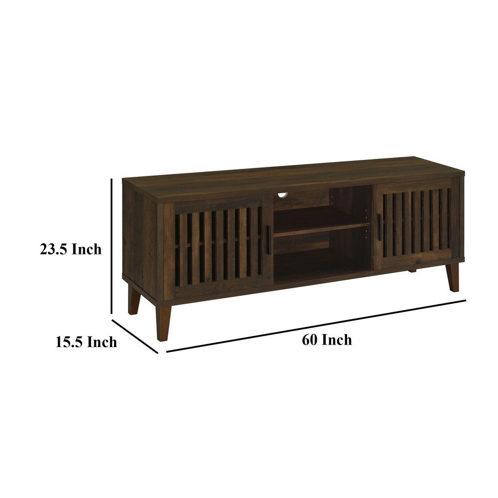Benjara Sid TV Stand Media Cabinet, 2 Slatted Doors, Shelf, Brown Wood 60 Inch