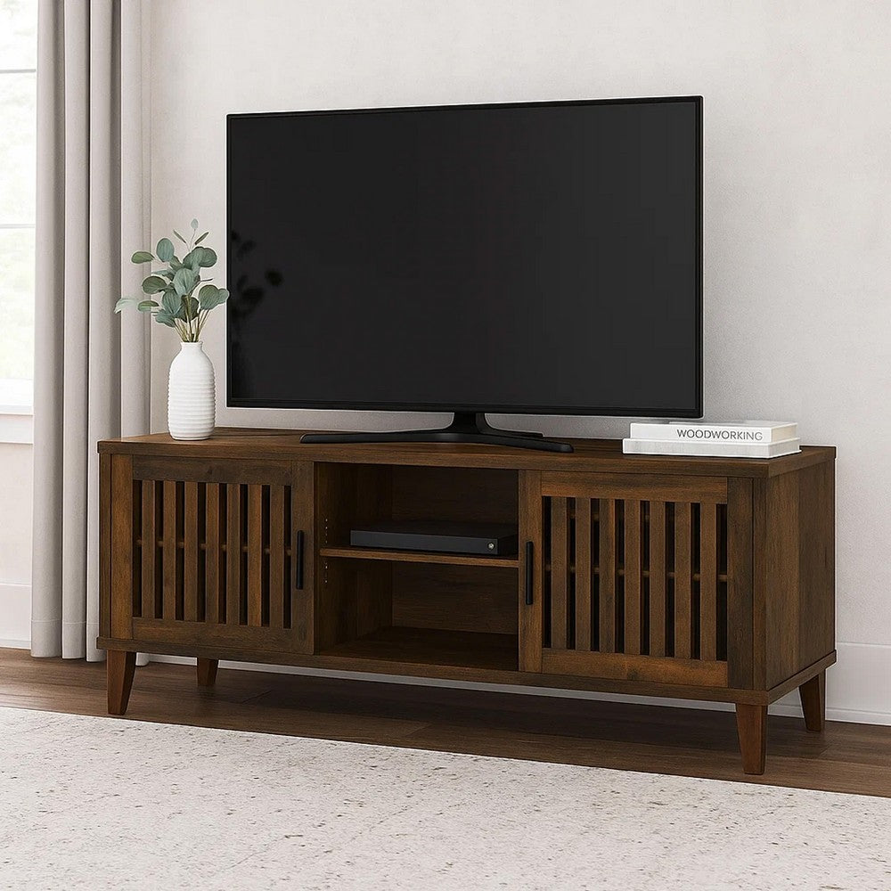 Benjara Sid TV Stand Media Cabinet, 2 Slatted Doors, Shelf, Brown Wood 60 Inch