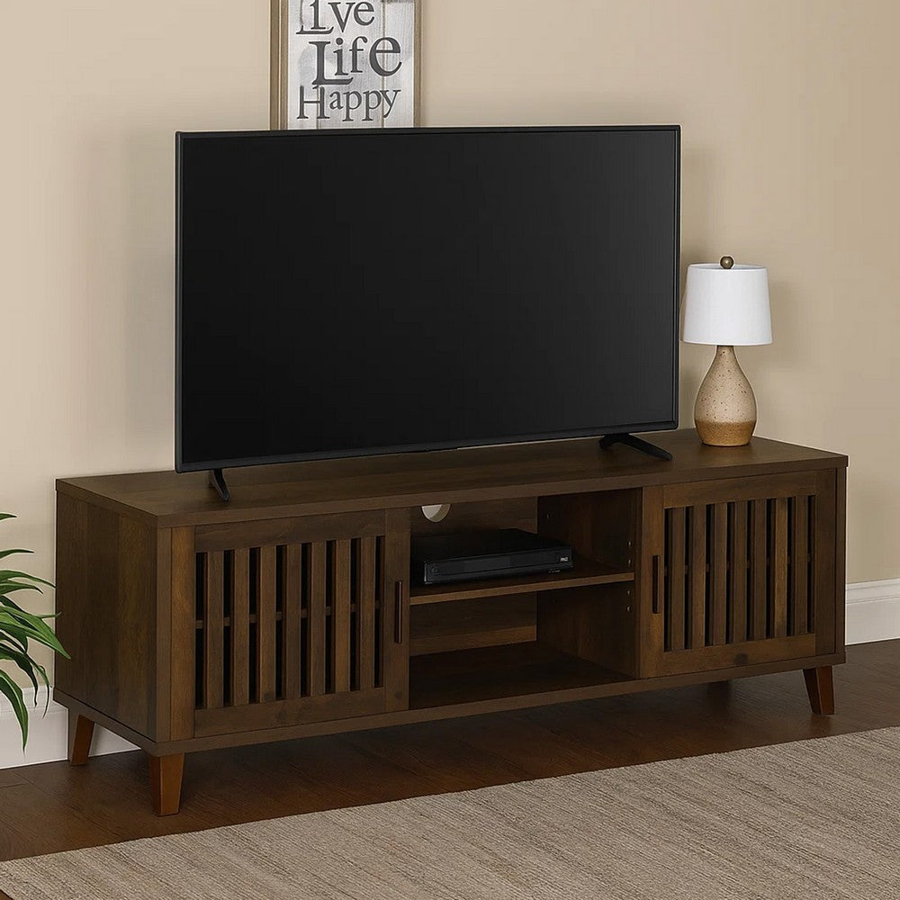 Benjara Sid TV Stand Media Cabinet, 2 Slatted Doors, Shelf, Brown Wood 60 Inch