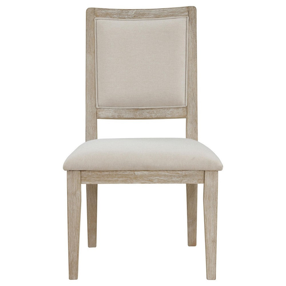 Benjara Eva Dining Side Chair Set of 2, Square Back, White Wood, Beige Fabric