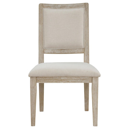 Benjara Eva Dining Side Chair Set of 2, Square Back, White Wood, Beige Fabric
