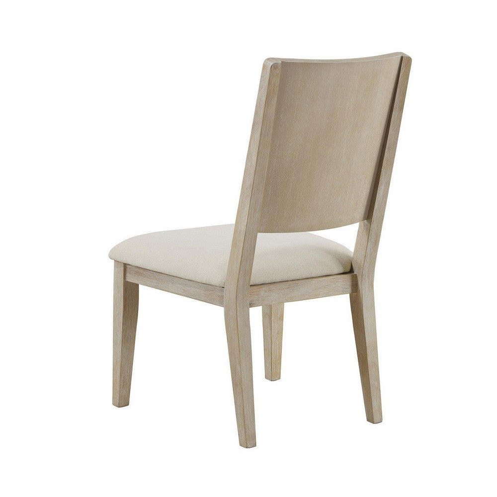 Benjara Eva Dining Side Chair Set of 2, Square Back, White Wood, Beige Fabric