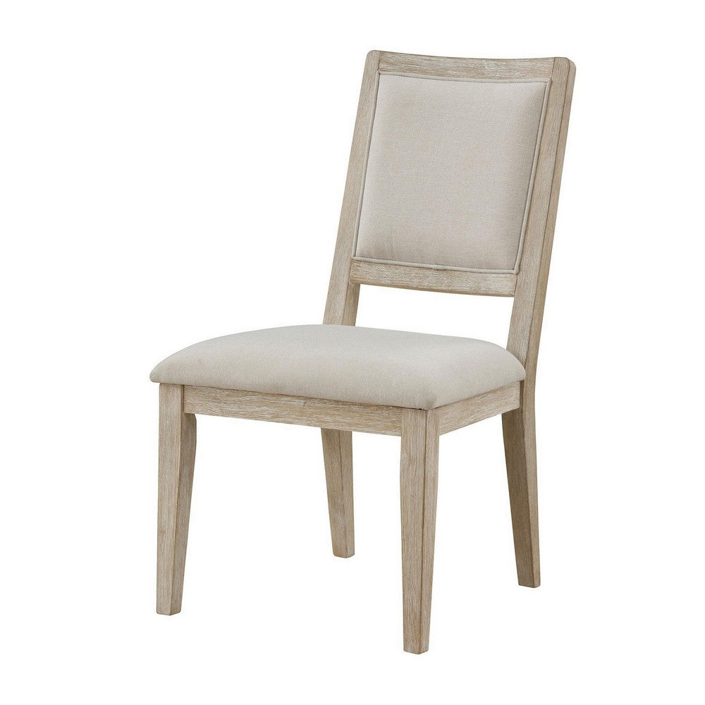 Benjara Eva Dining Side Chair Set of 2, Square Back, White Wood, Beige Fabric