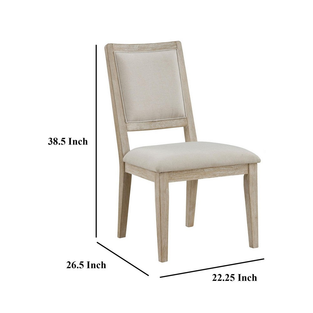 Benjara Eva Dining Side Chair Set of 2, Square Back, White Wood, Beige Fabric
