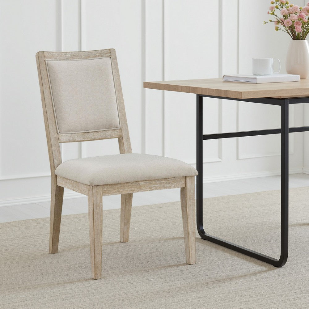 Benjara Eva Dining Side Chair Set of 2, Square Back, White Wood, Beige Fabric