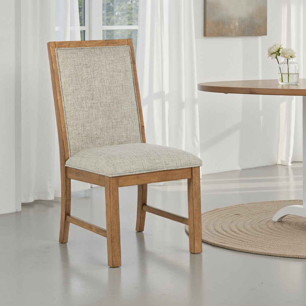 Benjara Rune Dining Side Chair Set of 2, Brown Asian Hardwood, Beige Fabric