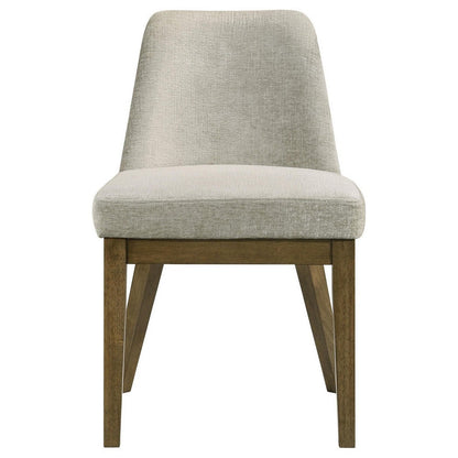 Benjara Givy Dining Armless Chair Set of 2, Tapered Legs, Oak Brown Wood, Tan