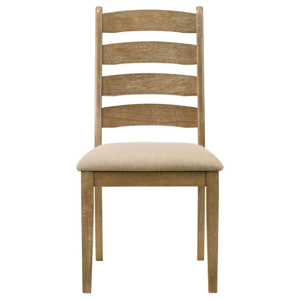 Benjara Danie Dining Side Chair Set of 2, Ladderback, Brown Wood, Beige Fabric