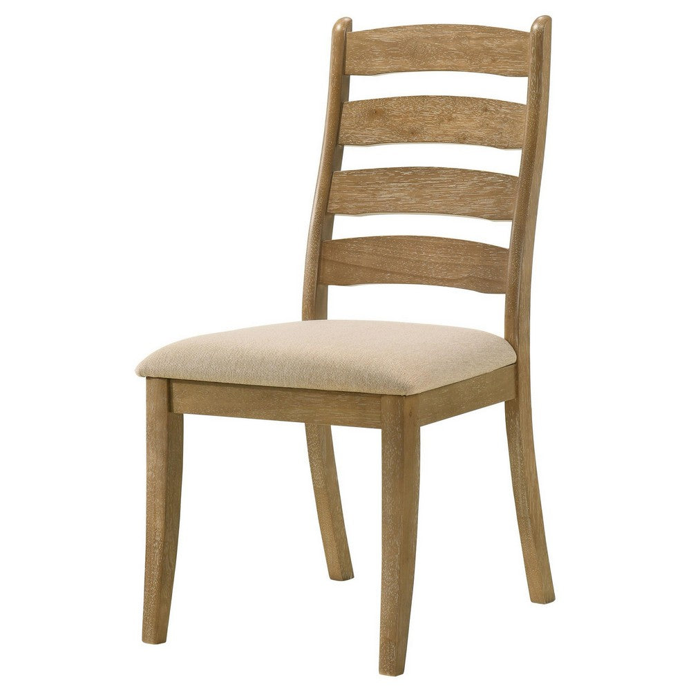 Benjara Danie Dining Side Chair Set of 2, Ladderback, Brown Wood, Beige Fabric