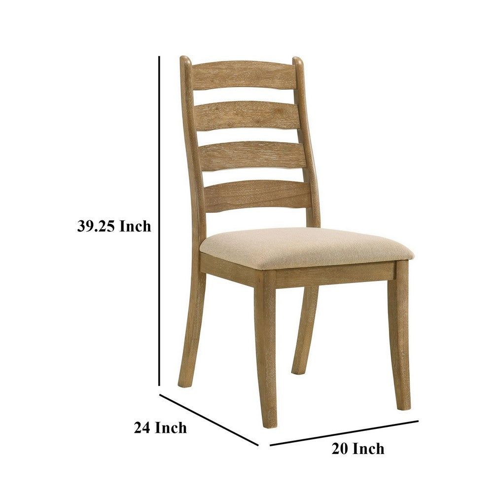 Benjara Danie Dining Side Chair Set of 2, Ladderback, Brown Wood, Beige Fabric