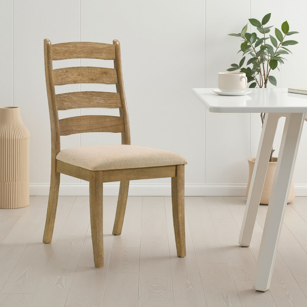 Benjara Danie Dining Side Chair Set of 2, Ladderback, Brown Wood, Beige Fabric
