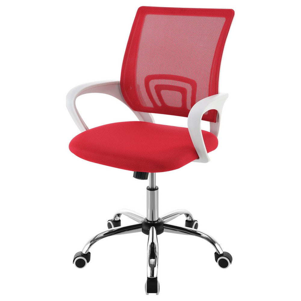 Benjara Fera Rolling Office Chair, Adjustable Chrome Base, Red Mesh Fabric