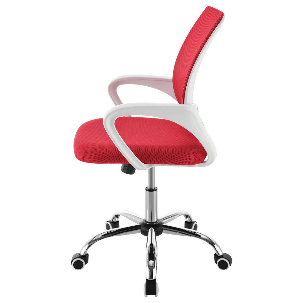 Benjara Fera Rolling Office Chair, Adjustable Chrome Base, Red Mesh Fabric