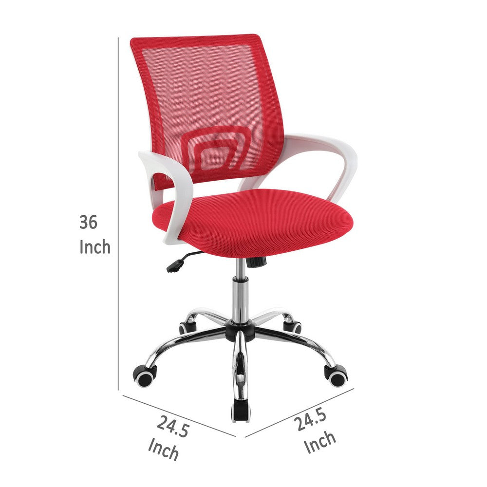 Benjara Fera Rolling Office Chair, Adjustable Chrome Base, Red Mesh Fabric