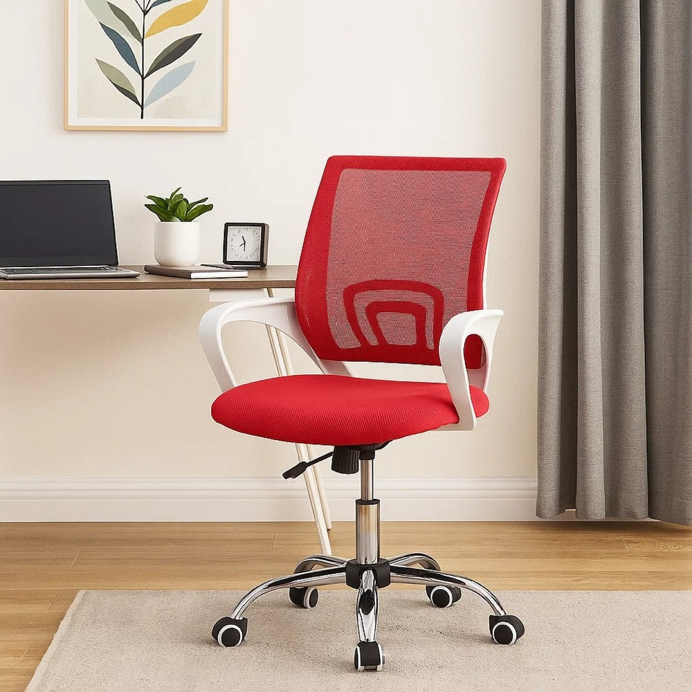 Benjara Fera Rolling Office Chair, Adjustable Chrome Base, Red Mesh Fabric