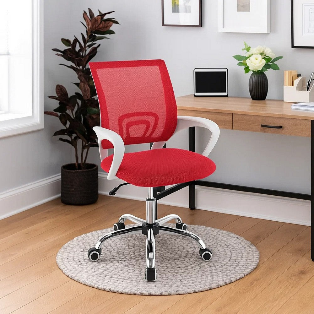 Benjara Fera Rolling Office Chair, Adjustable Chrome Base, Red Mesh Fabric