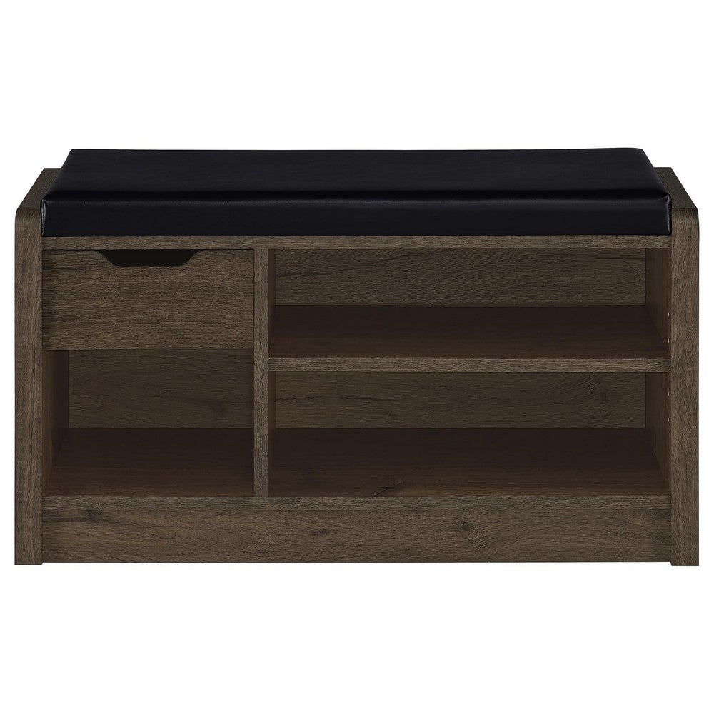 Benjara Aryn Storage Bench, Adjustable Shelf, Black Faux Leather, Dark Brown