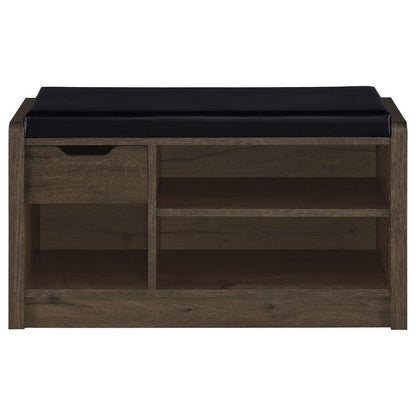 Benjara Aryn Storage Bench, Adjustable Shelf, Black Faux Leather, Dark Brown