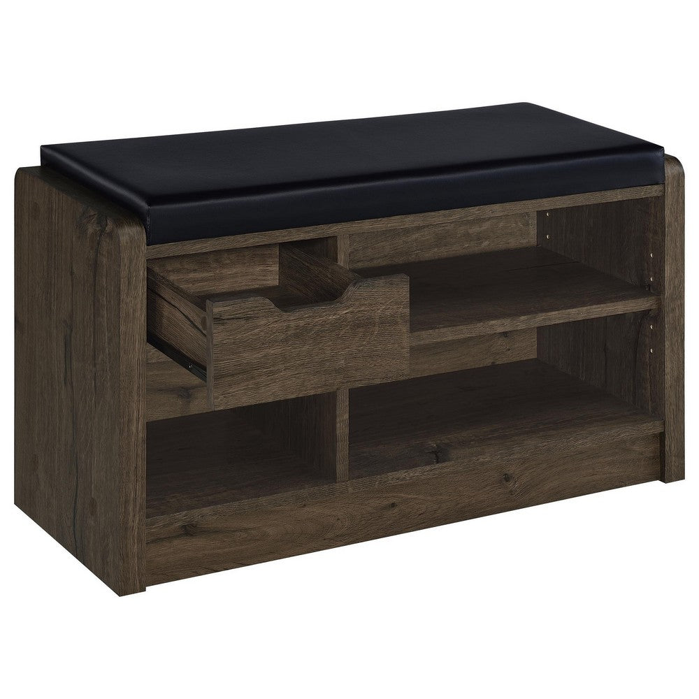 Benjara Aryn Storage Bench, Adjustable Shelf, Black Faux Leather, Dark Brown