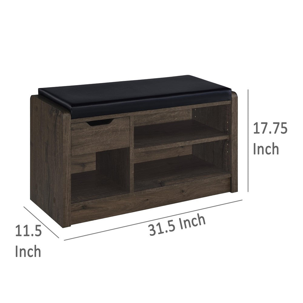 Benjara Aryn Storage Bench, Adjustable Shelf, Black Faux Leather, Dark Brown