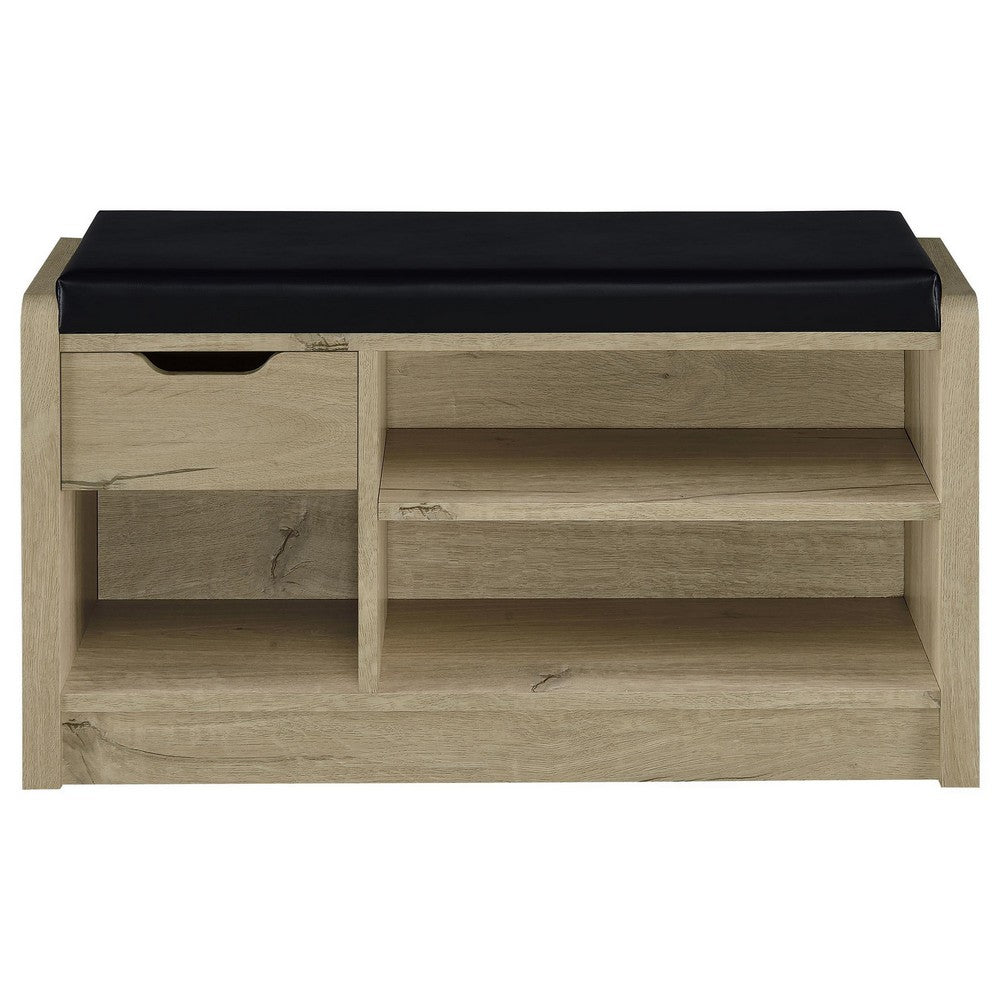 Benjara Aryn Storage Bench, Adjustable Shelf, Black Faux Leather, Oak Brown