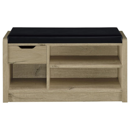 Benjara Aryn Storage Bench, Adjustable Shelf, Black Faux Leather, Oak Brown