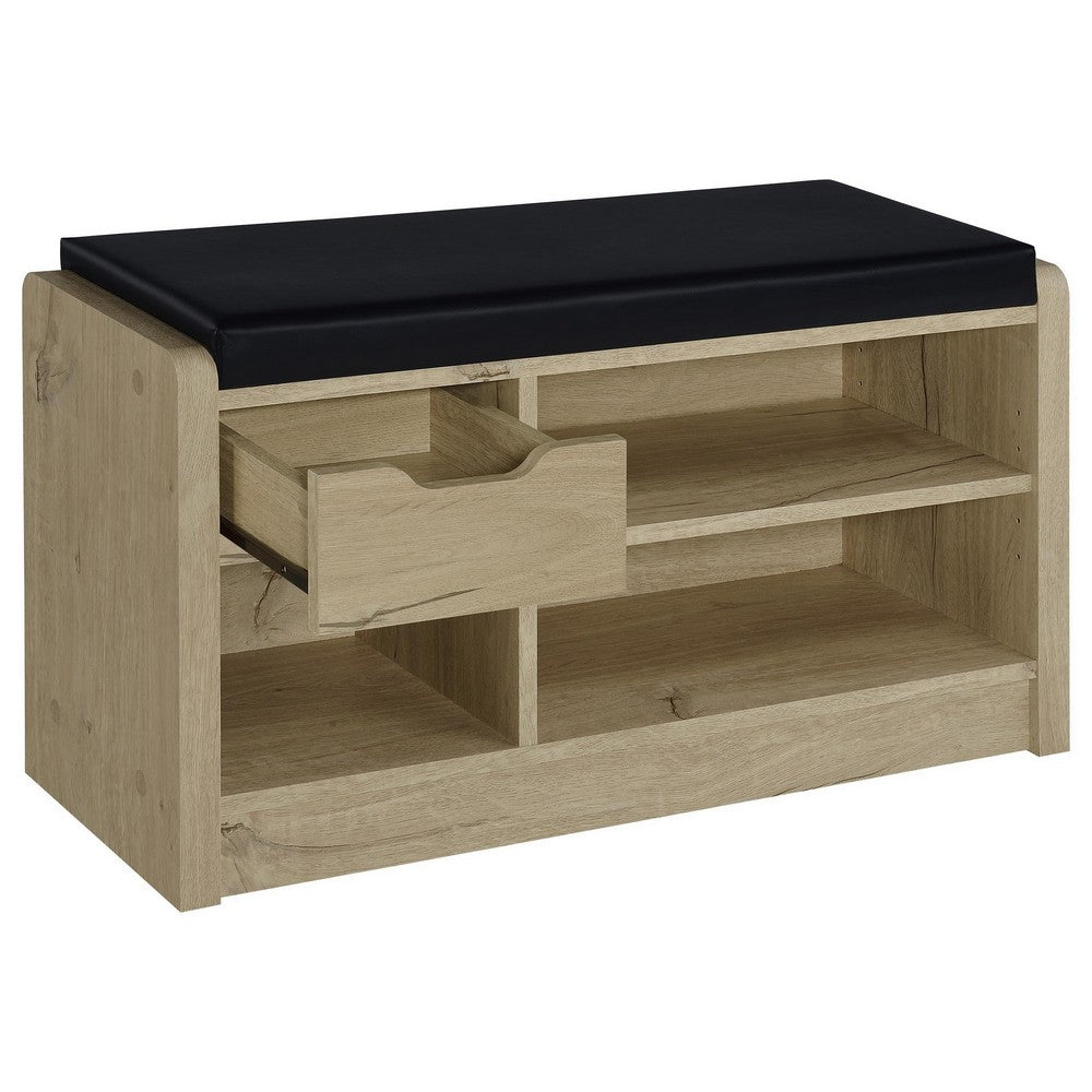 Benjara Aryn Storage Bench, Adjustable Shelf, Black Faux Leather, Oak Brown