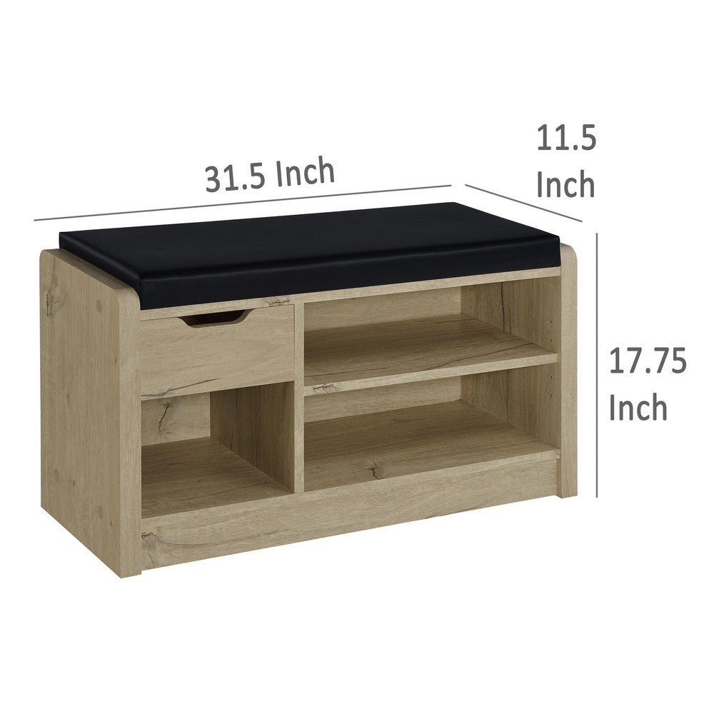Benjara Aryn Storage Bench, Adjustable Shelf, Black Faux Leather, Oak Brown