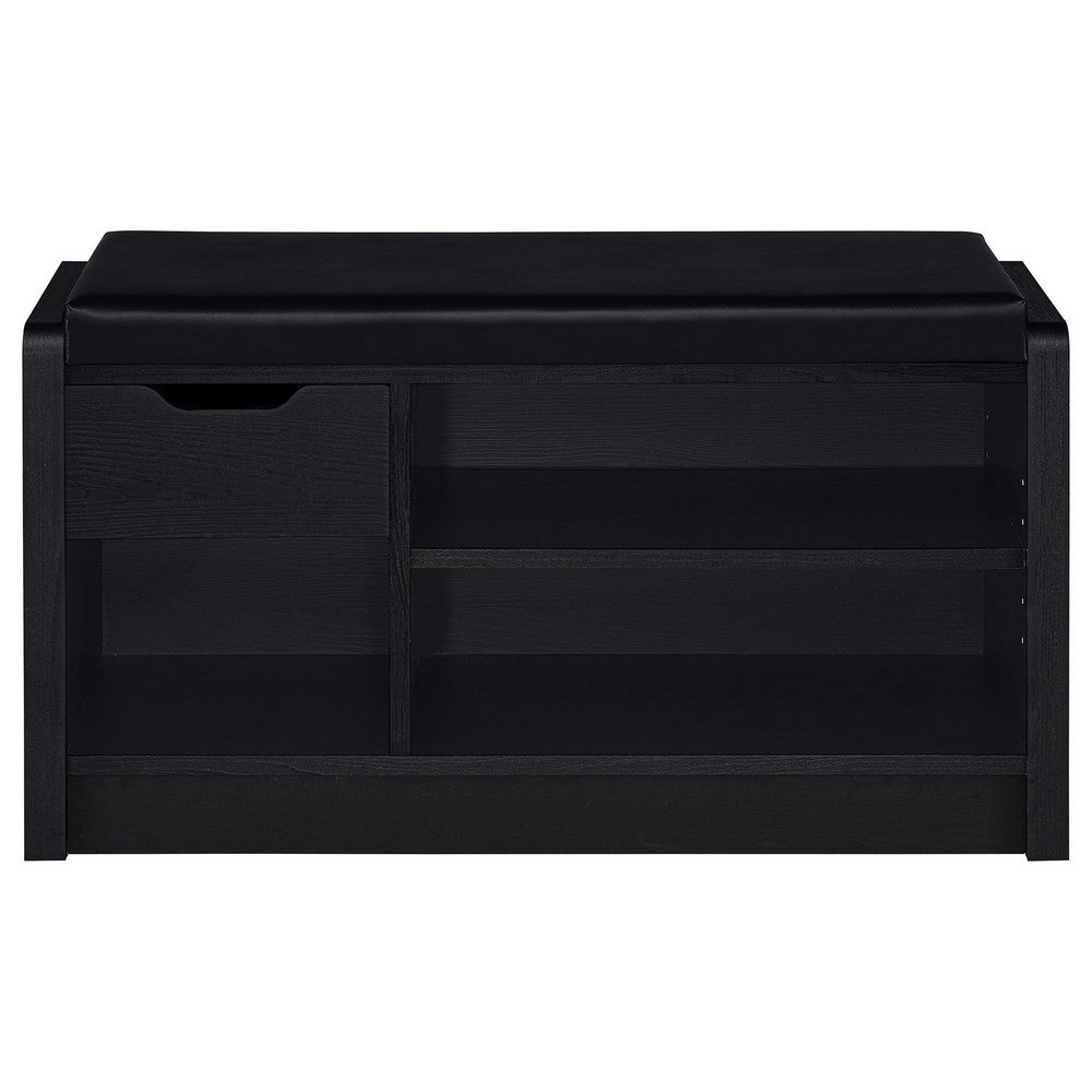 Benjara Aryn Storage Bench with Adjustable Shelf, Black Faux Leather, Black