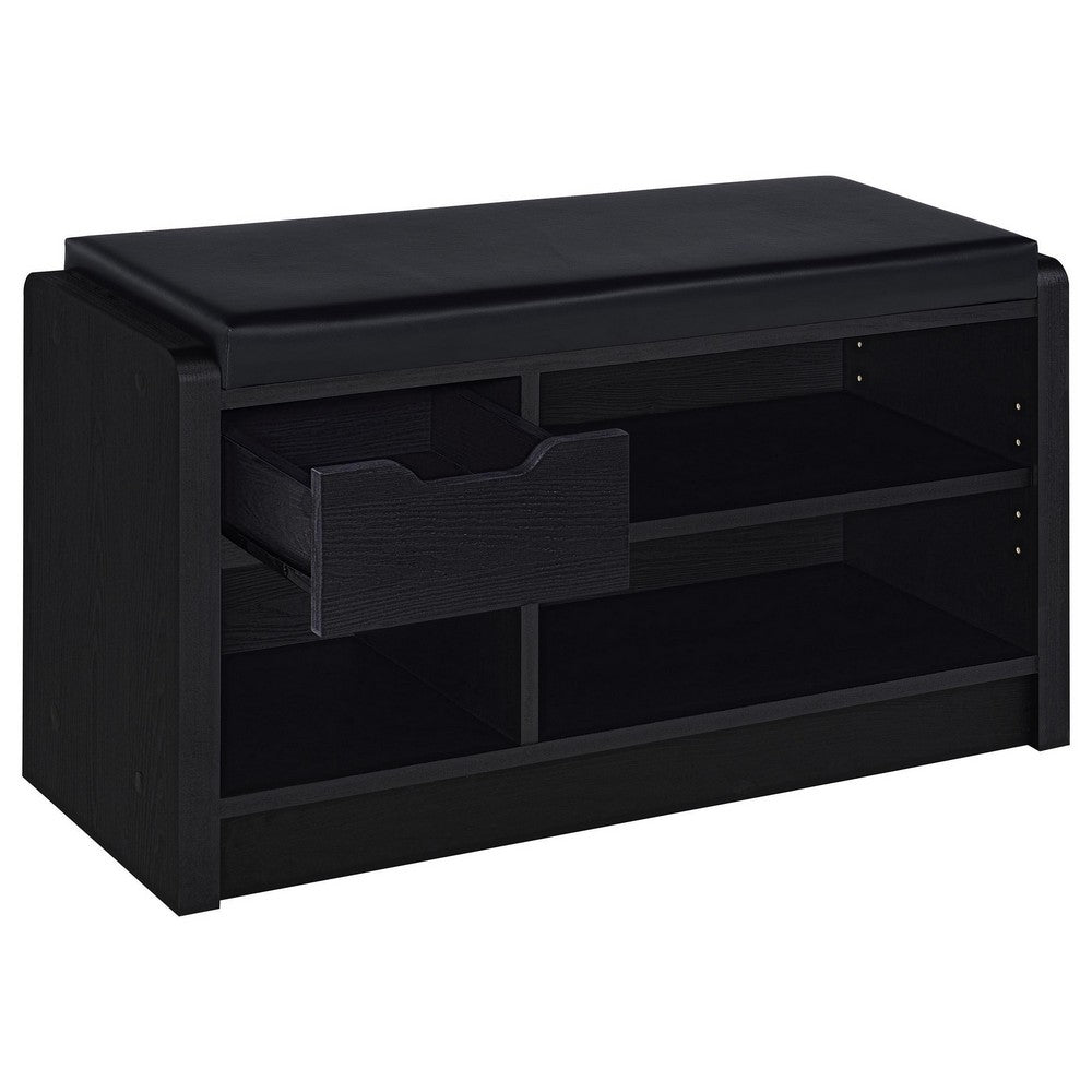 Benjara Aryn Storage Bench with Adjustable Shelf, Black Faux Leather, Black